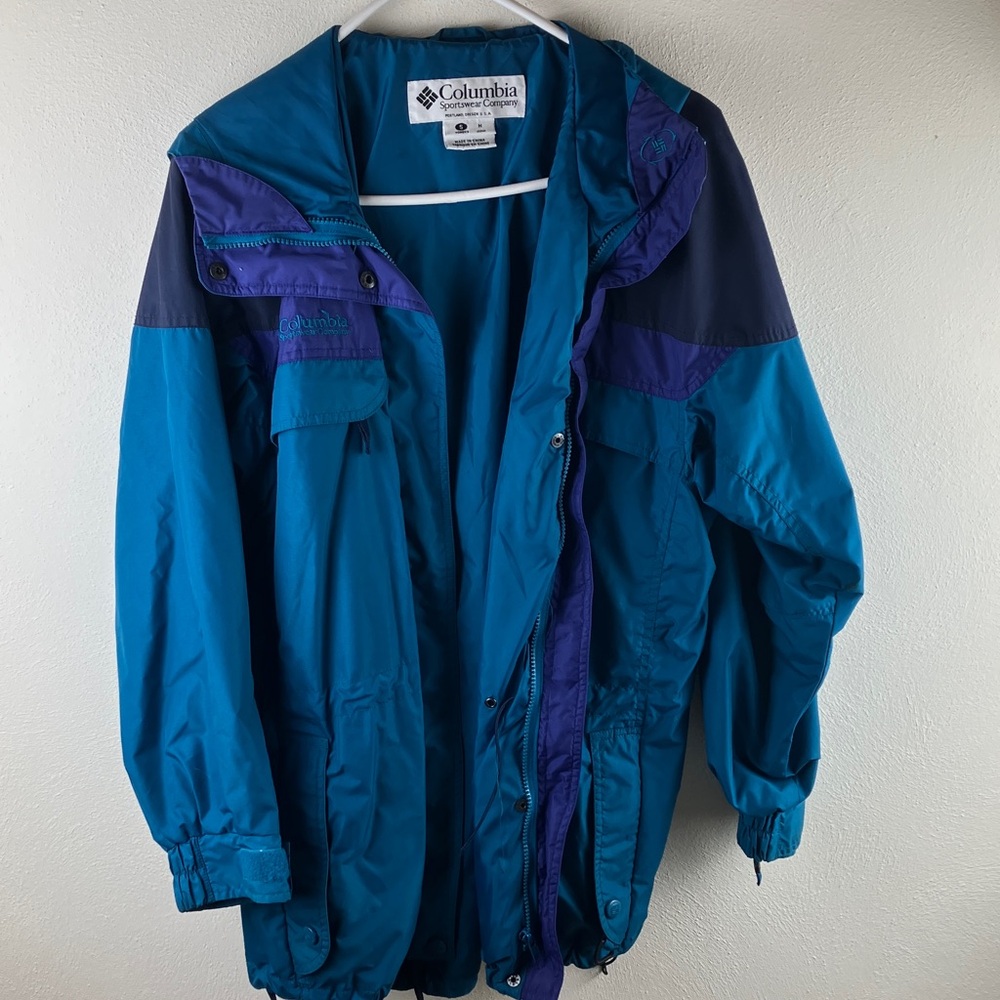 Columbia Windbreaker Jacket Women’s Small Teal Purple Blue Hooded Nylon Size S
